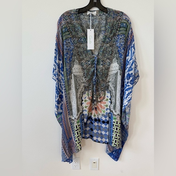 Camilla Blue White multicolor bejeweled Rainbow warrior Kaftan mini dress OS NWT - Picture 6 of 15